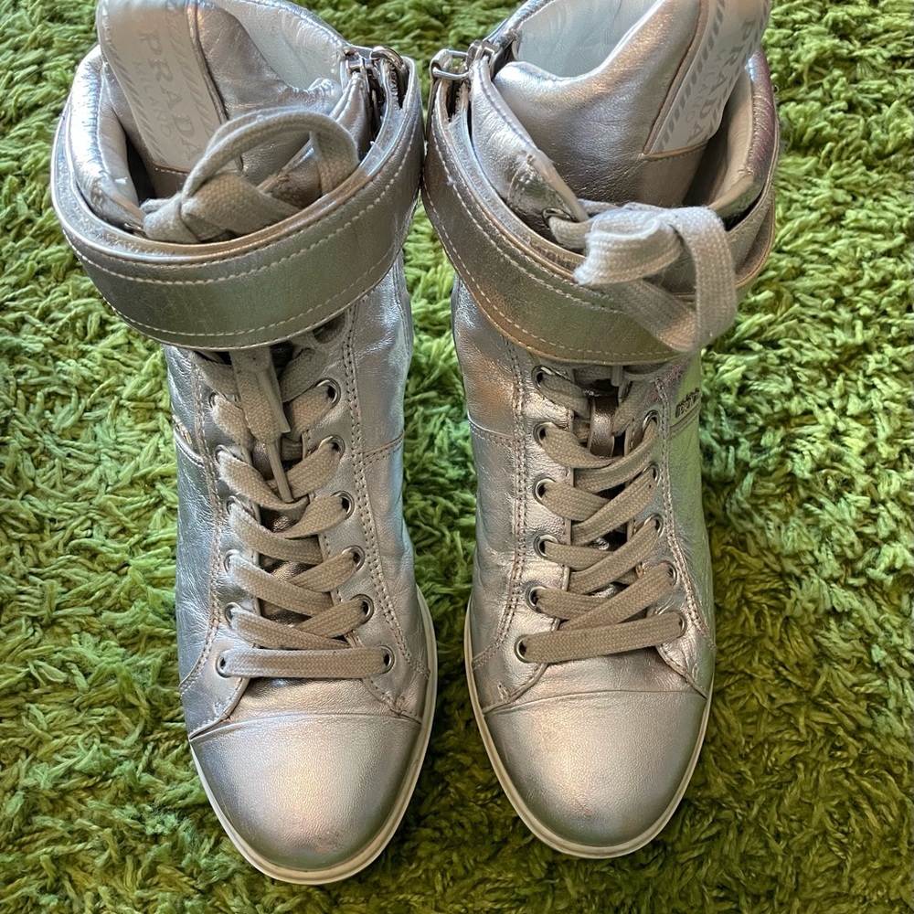 Silver Prada Wedge Sneakers